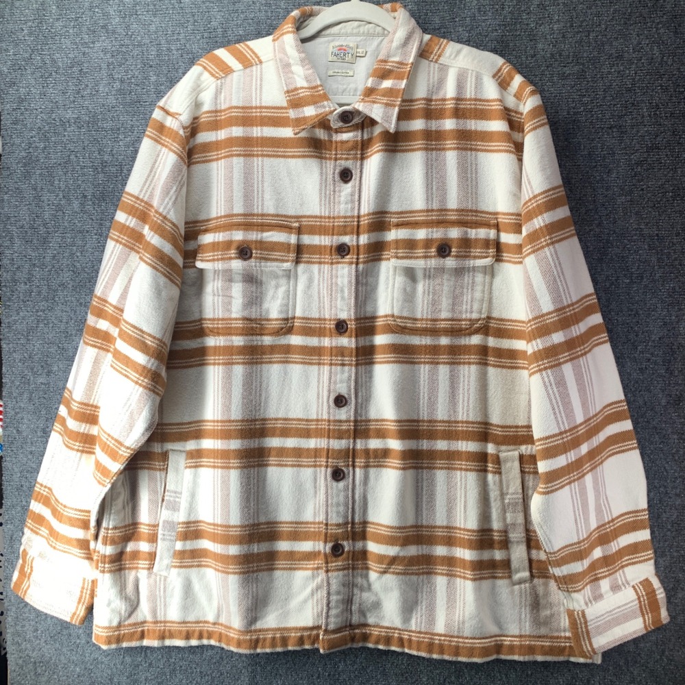 Faherty Mens XXL Organic Cotton Plaid Flannel Shirt Jacket Orange Cream